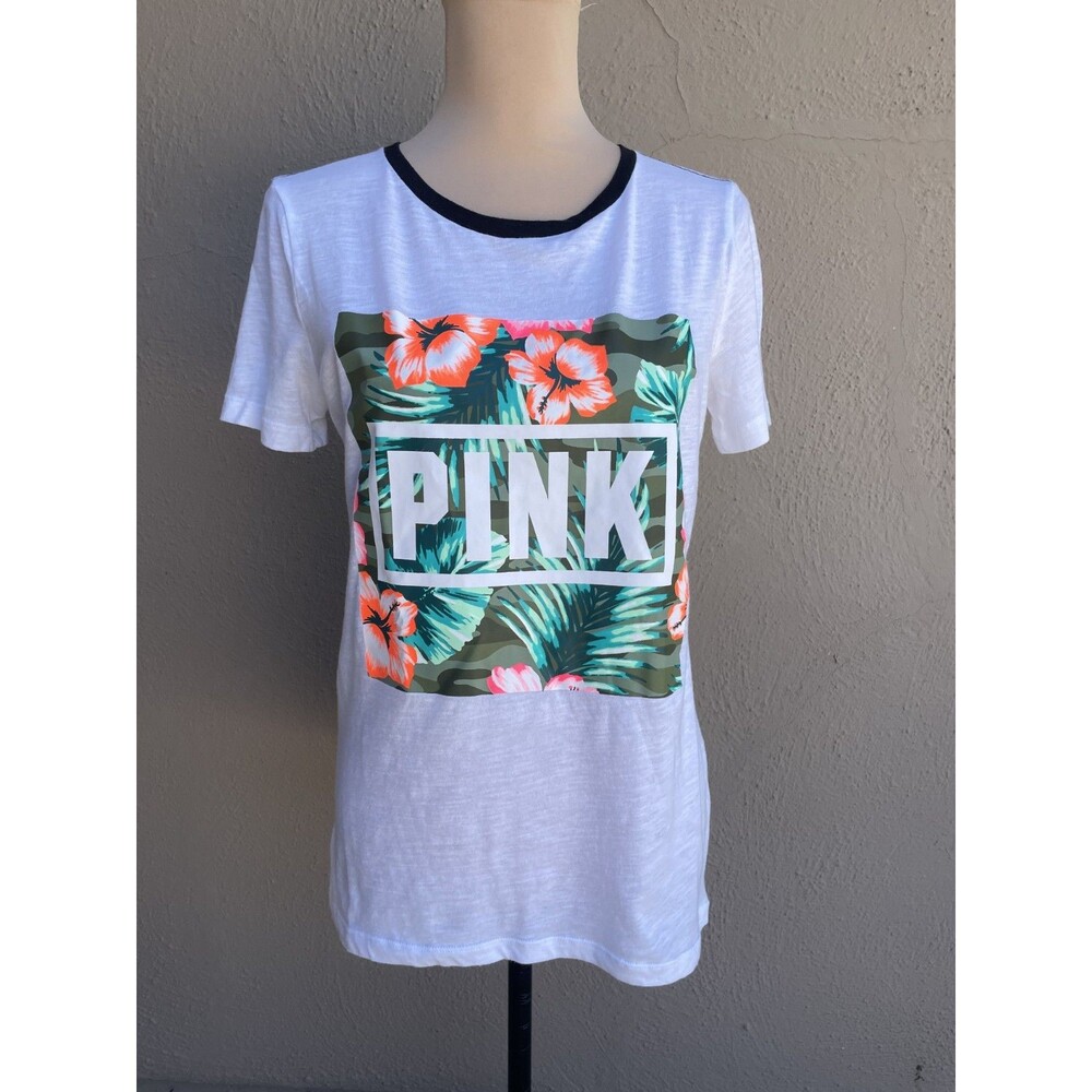 Victorias Secret PINK T-shirt Top Size Small White Green Orange Crew Neck